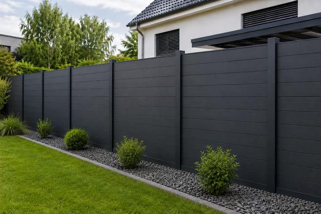 Anthrazitfarbener WPC-Sichtschutzzaun an einem modernen Wohnhaus