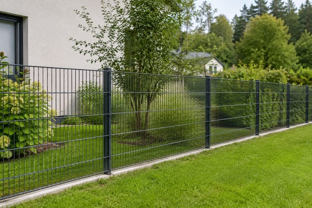 Anthrazitfarbener Doppelstabmattenzaun an einem Privatgarten