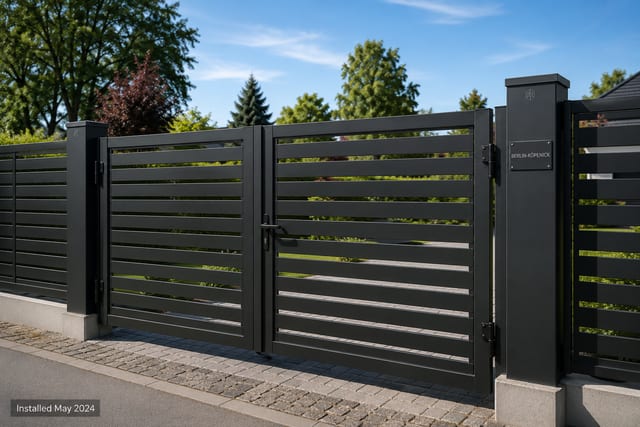 Anthrazitfarbene Metallzaun-Toranlage mit Gartentor und Einfahrtstor in Berlin-Köpenick