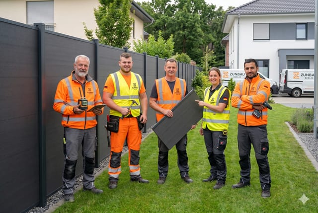 Team der ZaunKonzept Berlin GmbH vor einer fertig montierten Zaunanlage